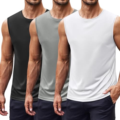 COOFANDY Mens Sleeveless Muscle T-Shirt 3 Pack Sleeveless Summer Workout Training Vests for Running Gym Quick Dry UPF 50+ Sun Protection Sport Black/White/Light Grey L