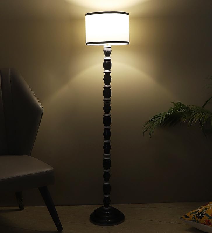 Image of tu casa Mango Wooden Floor Lamps with Black & White Base & Striple Shade for Home Decor, Bedrooms Corner, Living Room, Gifting, Diwali Decoration, Hall, Office (Height: - 56 inch) - Bulb not Included
