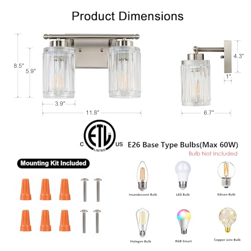 Image of 2 Light Bathroom Light Fixtures Modern Brushed Nickel 12 Inch Vanity Lights for Bathroom Lighting Fixtures Over Mirror with Thickened Glass Shade for Cabinet Mirror Bedroom Hallway