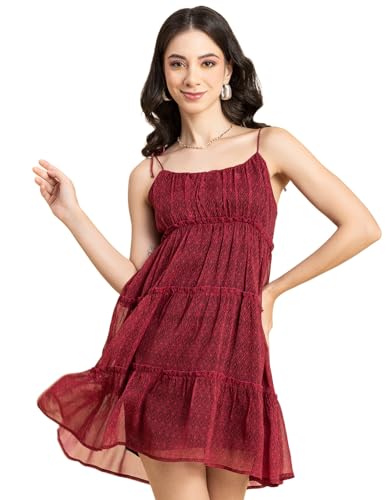 Image of Moomaya Women Printed Mini Dress, Strappy Shoulders Tiered Short Summer Dress