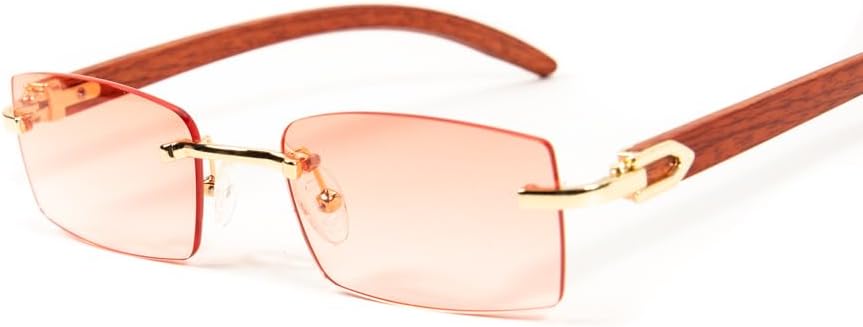 Men Women Rimless Gold Frame Hot Pink Rectangle Unisex Vintage Woodgrain Shades 90s Old School Cool Hip Hop Frameless Retro Trendy Sunglasses - Image 4