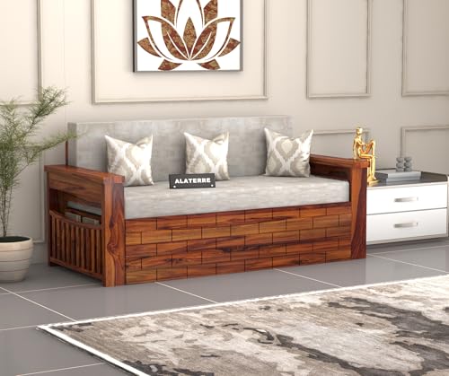 Image of Solid Sheesham Wood Diwan Bed for Living Room & Bedroom | Modern Wooden Sofa Cums Bed with Side Storage Rack | Multipurpose Day Bed for Home Furniture (Honey Finish)