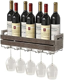 J JACKCUBE DESIGN Wall Mounted Rustic Wood Wine Storage Rack with Metal Glass Holder, Holds 6 bottles, 5 Glasses, Decorative for Home Bar, Dining Room, Kitchen - MK566A