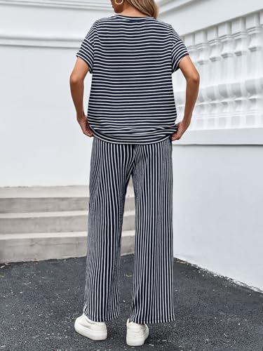 Image of Tankaneo Womens Striped 2 Piece Sets Short Sleeve T Shirts Wide Leg Pants Matching Lounge Set with Pockets