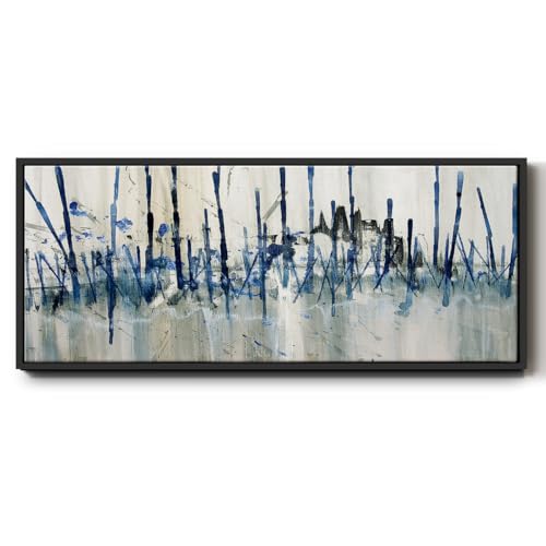 Renditions Gallery Abstract Floater Framed Wall Art Splash of Blue Brush Paint Canvas Wall Decor Paintings & Prints for Bedroom Office Kitchen - 8"X20" BLACK Frame GAL032