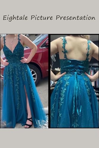 Eightale Tulle Lace Appliques Sparkly Prom Dresses A Line with Slit V Neck Formal Party Dress - Image 6