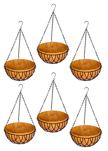 COIR GARDEN Coir Hanging Basket 12 Inch 6 Pieces – Coco Gardening Liner with Stand – Flower Pots Hanger Garden Decoration Indoor Outdoor Water Hanging Baskets.