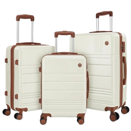 Hoteel Luggage Sets 3 Piece, 4-Yr Warranty Durable Suitcase Dual-Spinner Wheel TSA Lock, Lightweight Travel Hardshell PC+ABS Carry on Luggage for Men&Women, Beige(20/24/28 inch)
