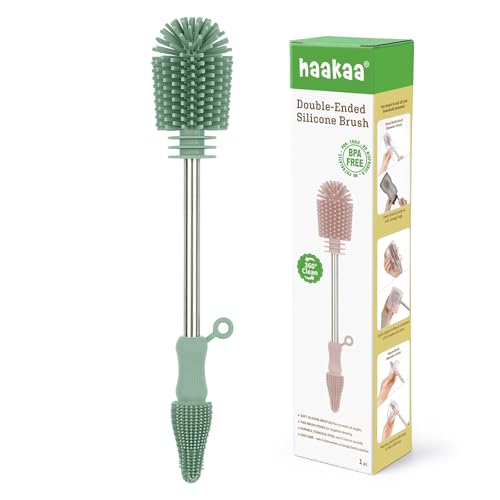 Image of Haakaa Silicone Cleaning Brush for Baby Bottles and Crevices, Double-Ended Bottle Brush for Breast Pumps, Milk Collectors, Nipples and Breastmilk Storage Bags, Food-Grade Silicone, Pea Green, 1 Pack