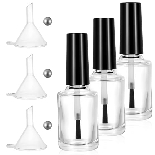 Yolev 3pcs Empty Nail Polish Bottles with Brush 15ml Glass Empty Fingernail Polish Bottles with Cap Funnel Mixing Balls Nail Polishs Container For Nails Art Samples