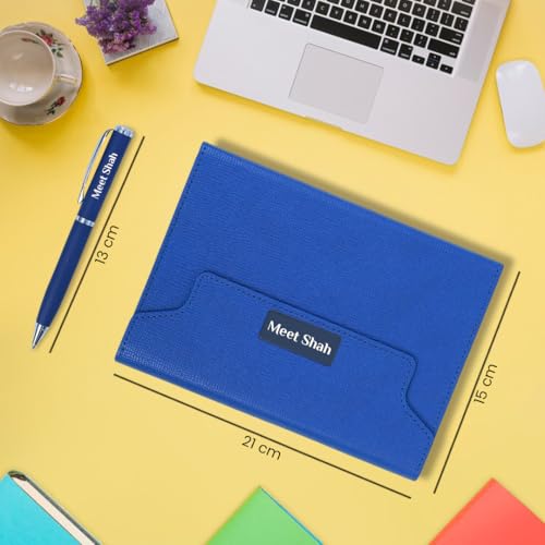 Image of Giftana Personalized Diary with Pen Gift Set for Men and Women, 2 in 1 Customized Leather Texture Folding Diaries Set for Husband, Father, Diwali Gifts, Personalised New Year Gifts for Employee- Blue