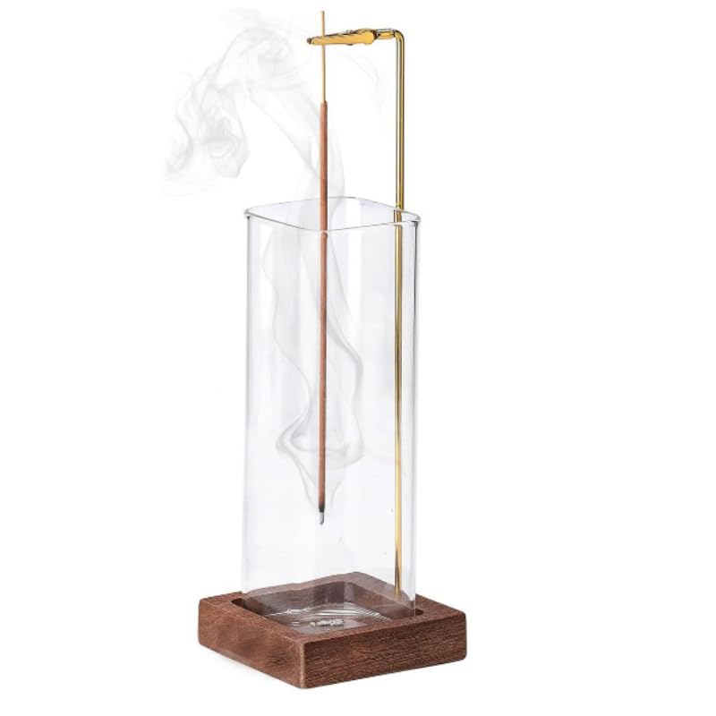 Incense Holder Wooden Incense Holder With Glass Ash Catcher Anti Ash Incense Burner With Cleaning Brush Elegant Home Decor for Meditation Yoga Spa and Reading Room