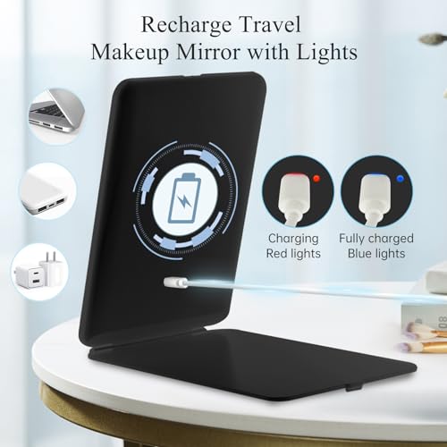 Image of FUNTOUCH Rechargeable Travel Makeup Mirror with 72 Led Lights, Portable Lighted Beauty Mirror, 3 Color Lighting, Dimmable Touch Screen, Tabletop LED Folding Cosmetic Vanity Mirror