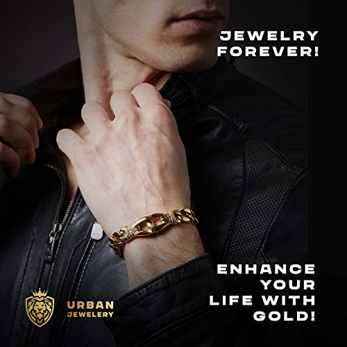 Urban Jewelry Men’s 24K Gold Plated Link Bracelet Collection – Fleur De Lis Chain & Intricate Black Detail, 8.5–9 Inch, Scratch‑Resistant, Secure Clasp, Gift Box3
