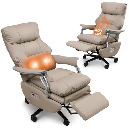 Dual Motor Electric Genuine Leather Executive Office Chair with Foot Rest, Comfortable Reclining Office Chair with Massage, Big and Tall High Back Comfy Ergonomic Home Office Desk Chairs 400lbs, Khaki