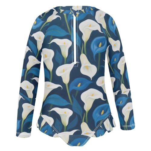 Girls Long Sleeve Swimsuit White and Blue Calla Lilies Girls Swimming Suits Toddler Bathing Suit2