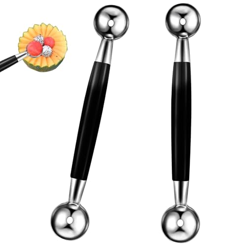 JYTDBCS 2 PCS Double Sided Melon Baller, Round Melon Balls Fruit Baller Scoop Melon Baller Scoop Stainless Steel Melon Baller Melon Scoop Double Scoop Ice Cream Cone Double Dessert Scoop for Fruit Ice