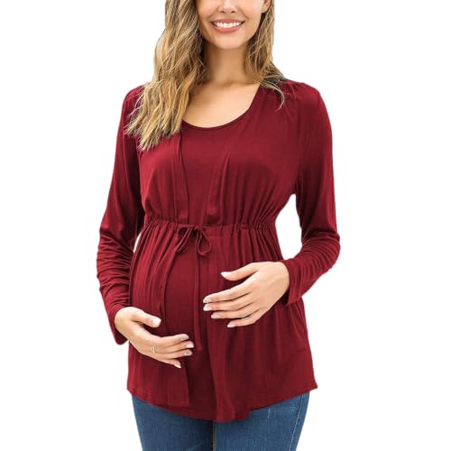 Women's Maternity Clothes Mock Two Piece Long Sleeve Women’s Basic Tshirt Loose Fit Split Side Breastfeeding Clothes Ladies Maternity Nursing Top & Te
