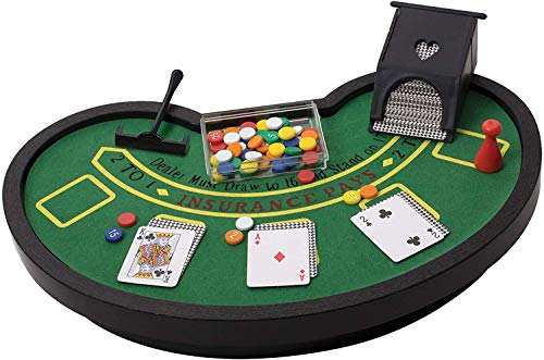 Perfect Life Ideas Desktop Miniature Blackjack Table Set with Mini Card Deck Poker Chips Accessories - Tabletop Vegas Casino Gambling Game for Men Women - Play Fun at Home Office Desk Top Anywhere