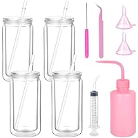 Sibosen Schneekugel-Becher, vorgebohrt, doppelwandig, transparent, mit Deckel und Strohhalm, Quetschflasche, Trichter, Pinzette, gebogene Spritze für DIY, Glitzer, Schneekugel, Handwerk, Geschenk, 10