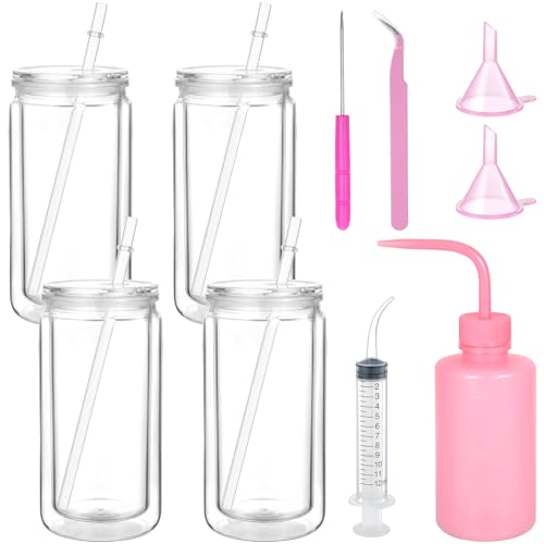 Sibosen Schneekugel-Becher, vorgebohrt, doppelwandig, transparent, mit Deckel und Strohhalm, Quetschflasche, Trichter, Pinzette, gebogene Spritze für DIY, Glitzer, Schneekugel, Handwerk, Geschenk, 10