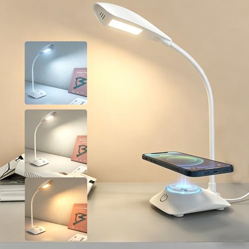 Zensun Lampe de Bureau LED avec Chargeur Sans Fil Magnétique MagSafe 15W, 3 Températures de Couleur et Dimmable, 600LM, CRI85, Col Ajustable, pour Home Office Étude Chambre, Blanc