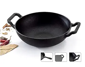 SQUICKLE Premium Flat Base Cast Iron Kadai/Black Iron Kadhai Wok/Deep Bottom Kadai for Cooking/Kitchen Cooking Accessories (8 Inch)