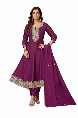 Vedant Vastram Women's Roman Silk Embroidered Stitched Salwar Kameez Dupatta Set (Kaveri-Wine-M)