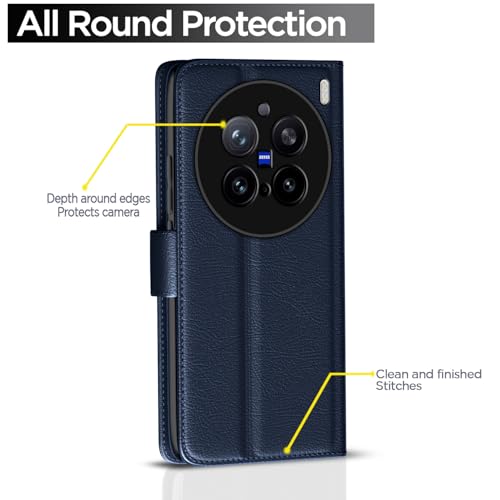 Image of Pikkme Flip Cover Leather Finish | Inside TPU with Card Pockets | Wallet Stand and Shock Proof | Complete Protection Button Flip Case for Vivo X200 Pro 5G(Blue)