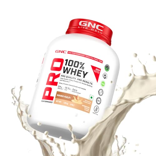 Image of GNC Pro Performance 100% Whey Protein | New Formulation | 24g Protein, 5.7g BCAAs, 12.3g EAAs | Added DigeZyme | Whey Isolate & Concentrate Blend, Low Carb (4.51g), No Added Sugar | Mawa Kulfi, 1.81Kg