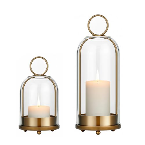 5"&4" Wide Candle Holders for Pillar Candle Hanging Lanterns Decorative Indoor, Hurricane Clear Glass Candle Stick Holder for Rustic Farmhouse Home Table Decor (Gold Style A)