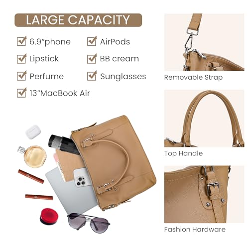 Image of HESHE Leather Purses and Handbag for Women Shoulder Bag Tote Top Handle Bag | Genuine Designer Large Capcity Hobo Crossbody Satchel Travel Work Ladies Zippered Ladies Daily Bag Adjustable Long Strap