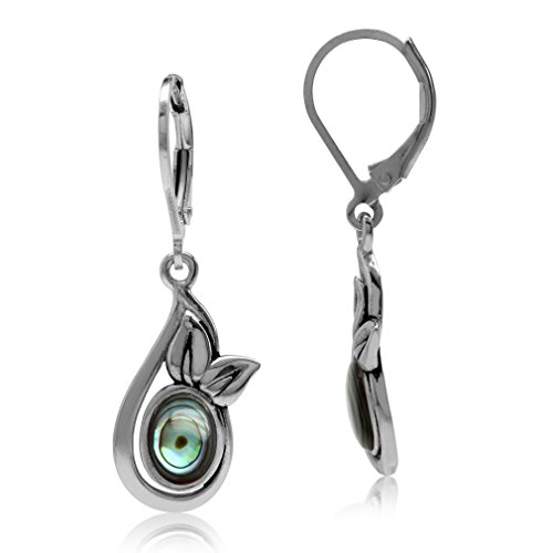 Silvershake Oval Shape Abalone Paua Shell 925 Sterling Silver Leaf Leverback Dangle Earrings