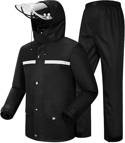 wisdom line Ensemble Imperméable Homme avec Veste et Pantalon, Costume de Pluie Unisexe avec Capuche, Noir, Résistant aux Tempêtes, Respirant