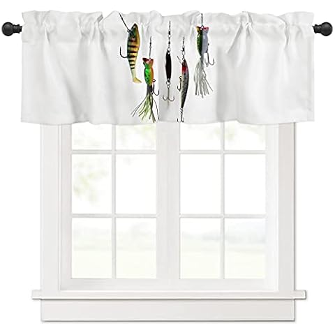 Various Types of Fishing Baits Kitchen Curtain Valance, Window Curtain Valance Rod Pocket, 1 Panel Small Valances Window Treatment for Bathroom Living Room Cafe (54x18in Fishing Decor) Cover