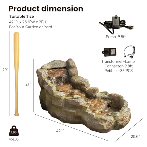 Image of Bumilgar 42 in Natural-Style Tier Garden Rock Water Fountain Outdoor, Floor-Standing Fountains that Feature Gentle Waterfall and LED Lights for Patio, Backyard, Deck, Porch, Home Decor