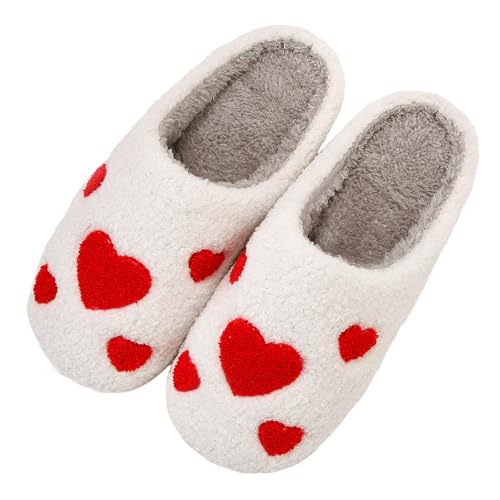 KWEVTSL Heart Slippers for Women Cute Fuzzy Plush House Shoes with Red Heart Design Cozy Indoor Non-Slip Bedroom Slippers Valentines Day Gifts New S White 4142