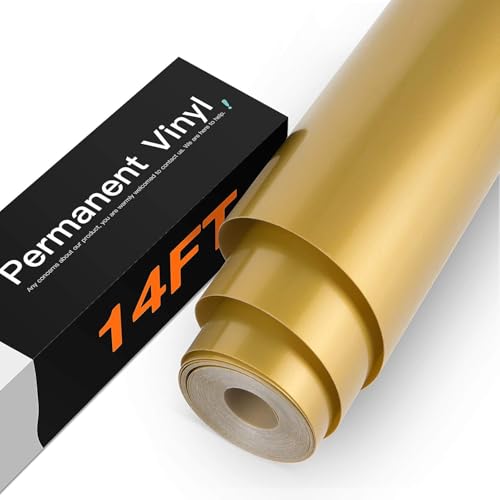 HTVRONT Gold Permanent Vinyl - 12 x 14FT Glossy Gold Adhesive Permanent Vinyl Roll Compatible with Cricut Cutting Machine Silhouette Cameo Cutters Signs Scrapbooking Craft Die Cutters