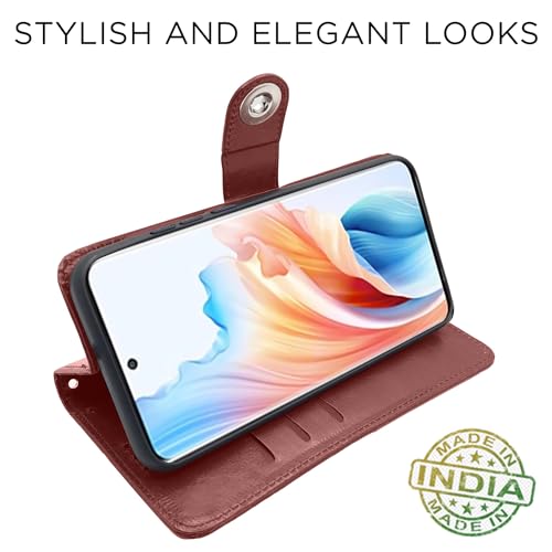 Image of Pikkme Oppo A2 Pro 5G Flip Cover Leather Finish | Inside TPU with Card Pockets | Wallet Stand and Shock Proof | Complete Protection Button Flip Case (Brown)