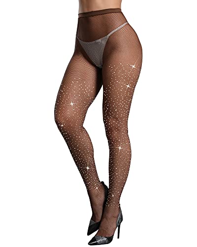 Image of CHRLEISURE Women's Sparkle Rhinestone Fishnets, Sexy Sparkly Glitter Party Concert Outfit Fishnet Stockings