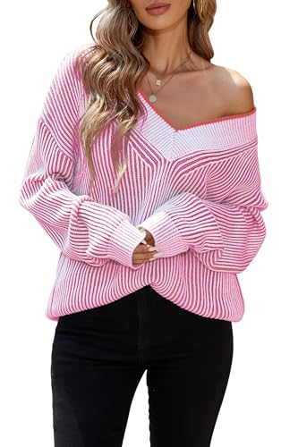 Image of Cakulo Womens Fall 2025 Oversized Striped V Neck Sweaters Long Sleeve Knit Color Block Sweater Top Pink L