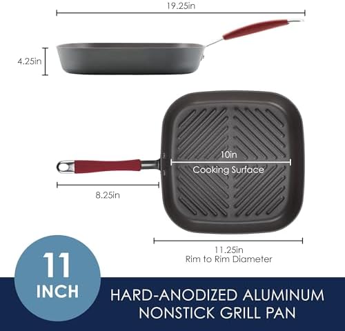 Rachael Ray Cucina Hard-Anodized Nonstick 11-Inch Deep Square Grill Pan, Gray with Cranberry Red Handle - 87632 - Thumbnail 4