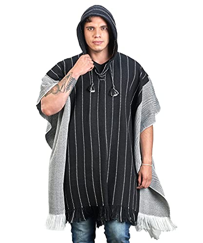 Image of Men's Hooded Poncho in Black and White Wool - Peruvian Alpaca Cloak Cape