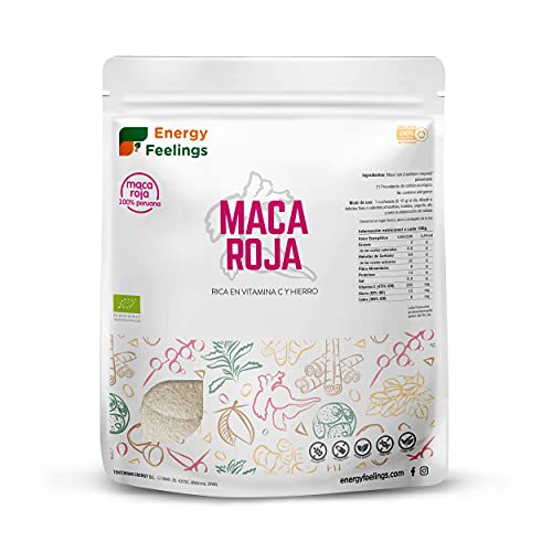 Energy Feelings Maca Roja ECO - 500 g, Maca Vegana en Polvo, Rica en Vitamina C y Hierro, Efecto Vigorizante y Afrodisiaco, Mejora Rendimiento Físico, Sin Lactosa, Sin Gluten y Sin Azúcar Añadido