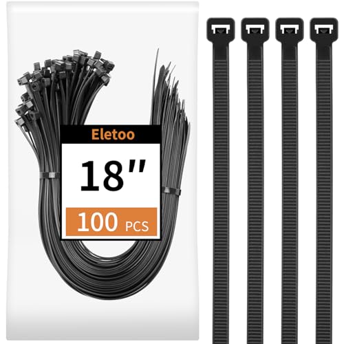 Eletoo 100PCS 18 inch Black Zip Ties Heavy Duty 75LBS Tensile Strength Self-Locking Heavy Duty UV Resistant Cable Ties for Indoor and Outdoor Use