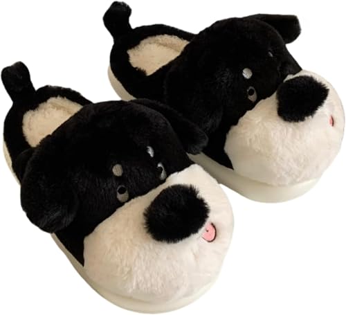 Yancremio Unisex Invierno Cálido Suave Y Cómodo Felpa Linda Forma De Perro Zapatillas Estilo Pareja Antideslizante Durable Suave Esponjoso Cómodo Hogar Zapatillas (Negro,44-45)