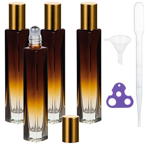 Yebeauty 4 Pack Glass Roll on Bottles 10ml Roller Bottles for Essential Oils with Anodized Aluminum Cover, Amber Gradient Perfume Rollerball Empty with Opener, Funnel, Dropper