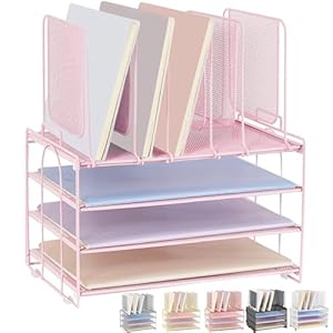 Desk Organizers and Accessories, 3-Tier Paper Organizer with 5 Vertical File Holders, File Organizer for Desk (Pink, 3T)