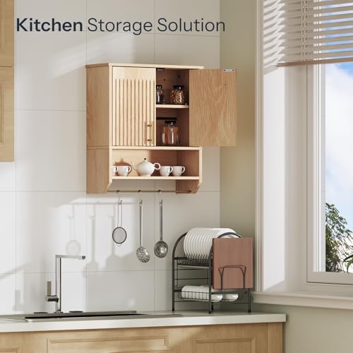 HOOBRO Fluted Bathroom Wall Cabinet, Farmhouse Medicine Cabinet with 2 Fluted Doors, Wall Storage Shelf with Towel Rack, Adjustable Shelf, for Small Spaces, Bathroom, Kitchen, Natural - Image 5