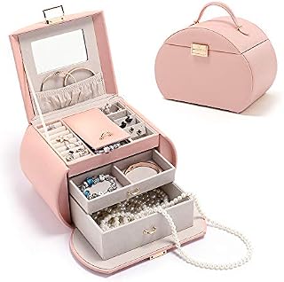 Vee Jewellery Box, Travel Jewellery Case, Jewellery Organiser with 2 Drawers and Mirror, Gift Idea for Teenage Girls and Women, Pink